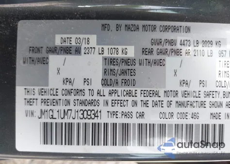 2018 Mazda Mazda6 Sport z USA, uszkodzony, nr VIN JM1GL1UM7J1309341